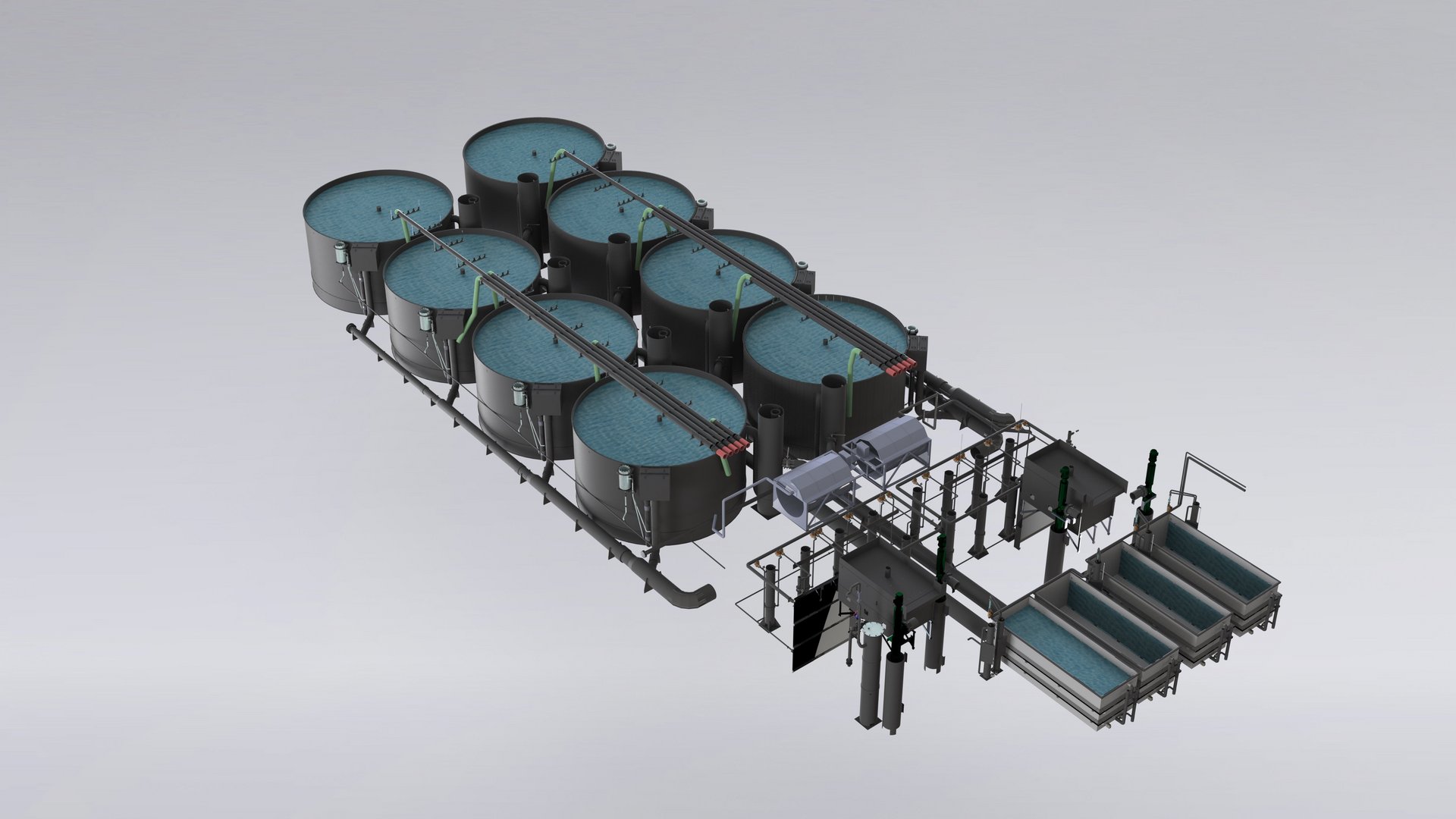 Engineering, fish tanks, moving bed bio reactor, airlift, breeding channels, degassing system made of plastic - Colasit